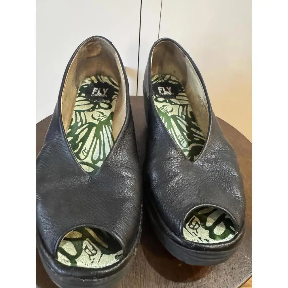 Fly London Black Leather Peep-Toe Wedge Shoes